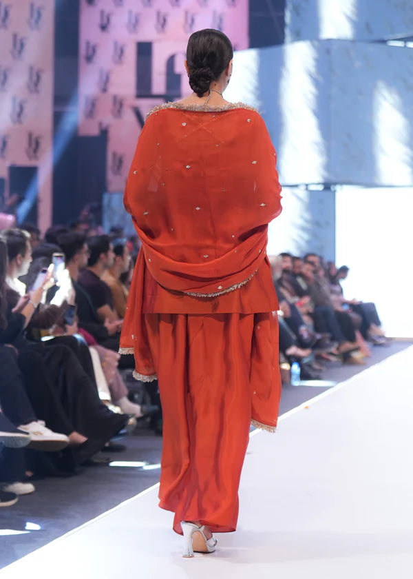 ATM26321 | Pakistani Designer's Silk Burnt Orange Hand Made Embroidered  Readymade 3 Piece Partywear Suit