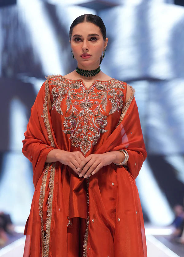 ATM26321 | Pakistani Designer's Silk Burnt Orange Hand Made Embroidered  Readymade 3 Piece Partywear Suit