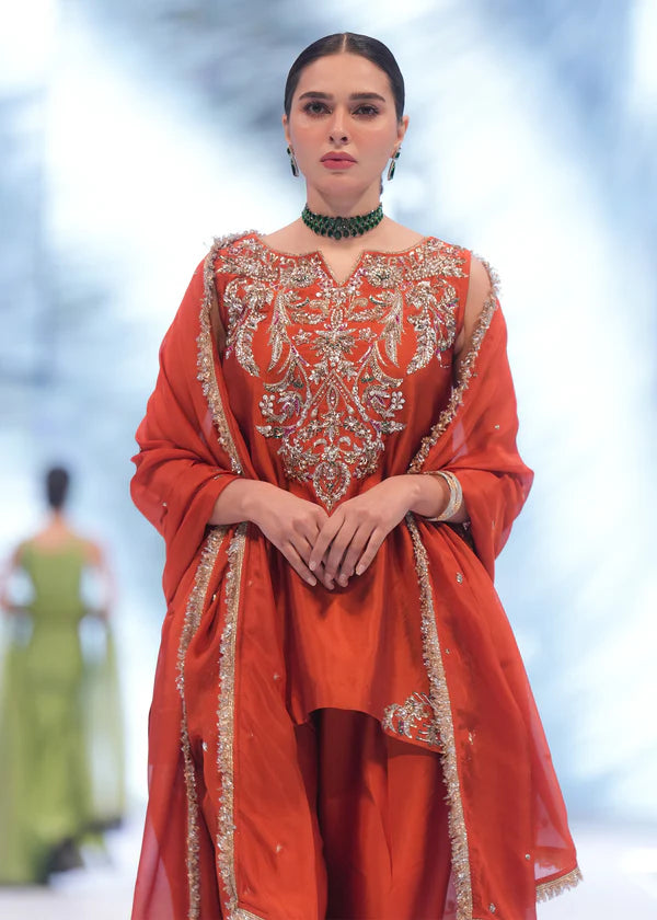ATM26321 | Pakistani Designer's Silk Burnt Orange Hand Made Embroidered  Readymade 3 Piece Partywear Suit
