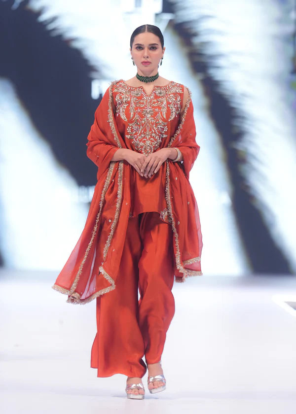 ATM26321 | Pakistani Designer's Silk Burnt Orange Hand Made Embroidered  Readymade 3 Piece Partywear Suit