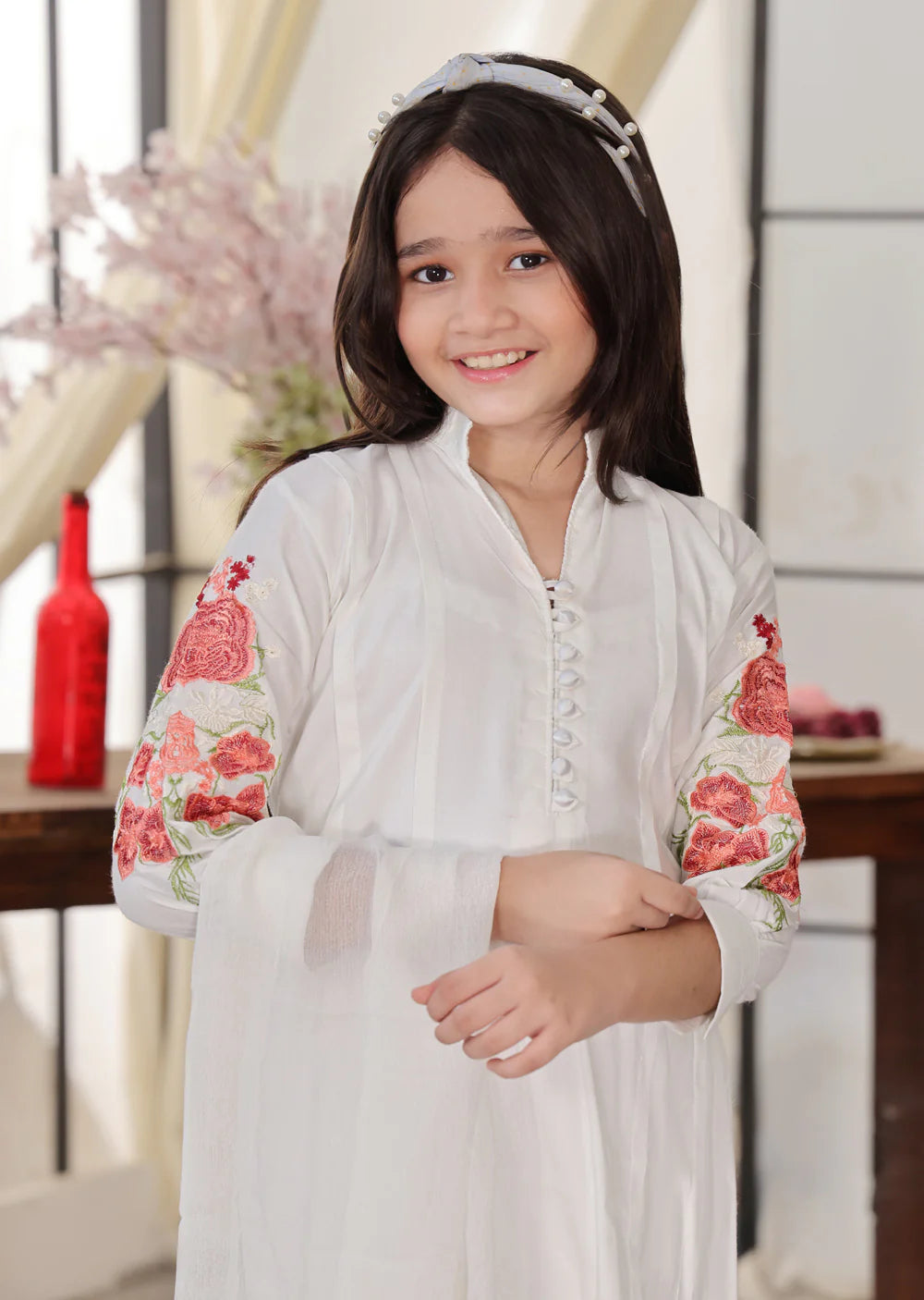 ATM6336 | White Linen Mummy & Me Readymade Embroidered Suit