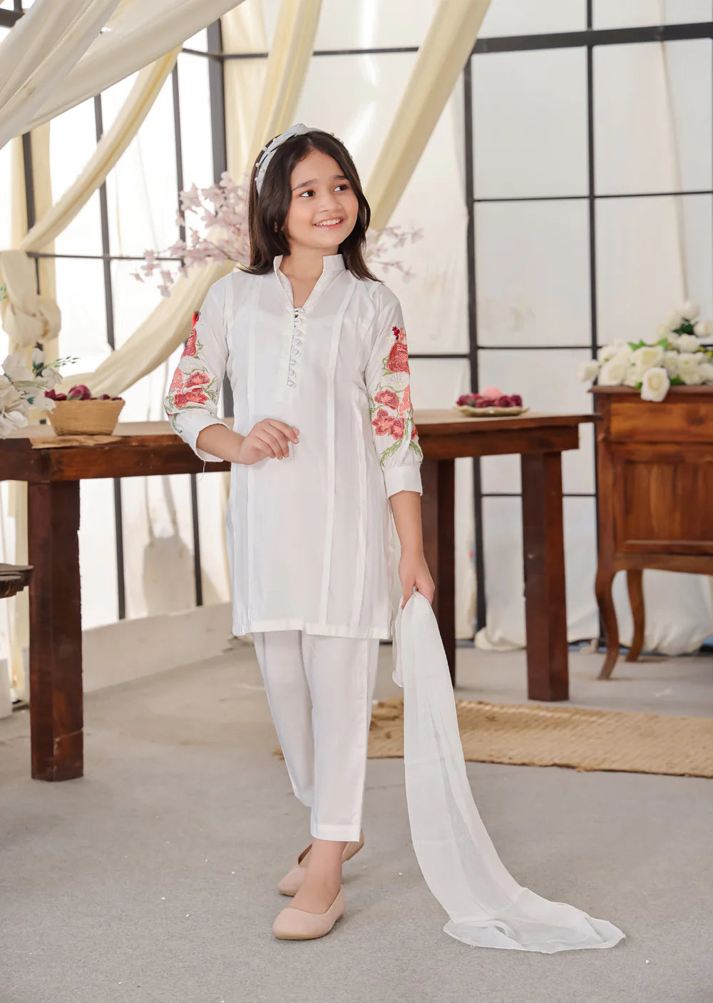 ATM6336 | White Linen Mummy & Me Readymade Embroidered Suit