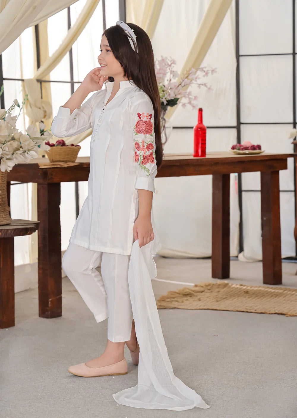 ATM6336 | White Linen Mummy & Me Readymade Embroidered Suit