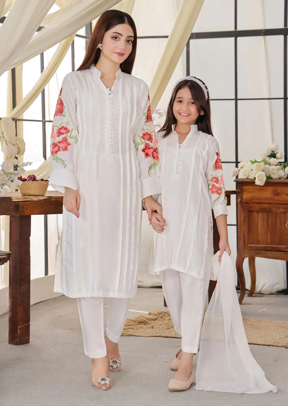 ATM6336 | White Linen Mummy & Me Readymade Embroidered Suit