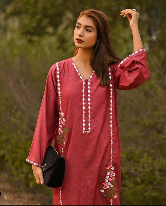 ATM24021 | 2-Piece Linen Readymade Suit With Mirror Embroidered