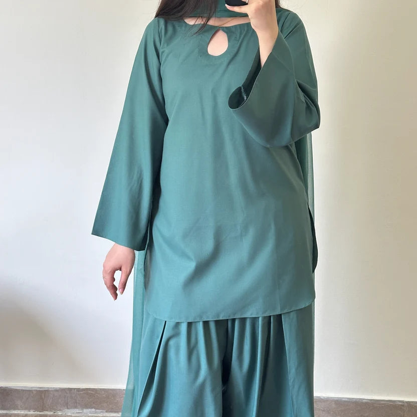 Aqua Teal Wash & Wear Readymade Suit with Bell Sleeves & Loose Paancha Shalwar — 2PC or 3PC