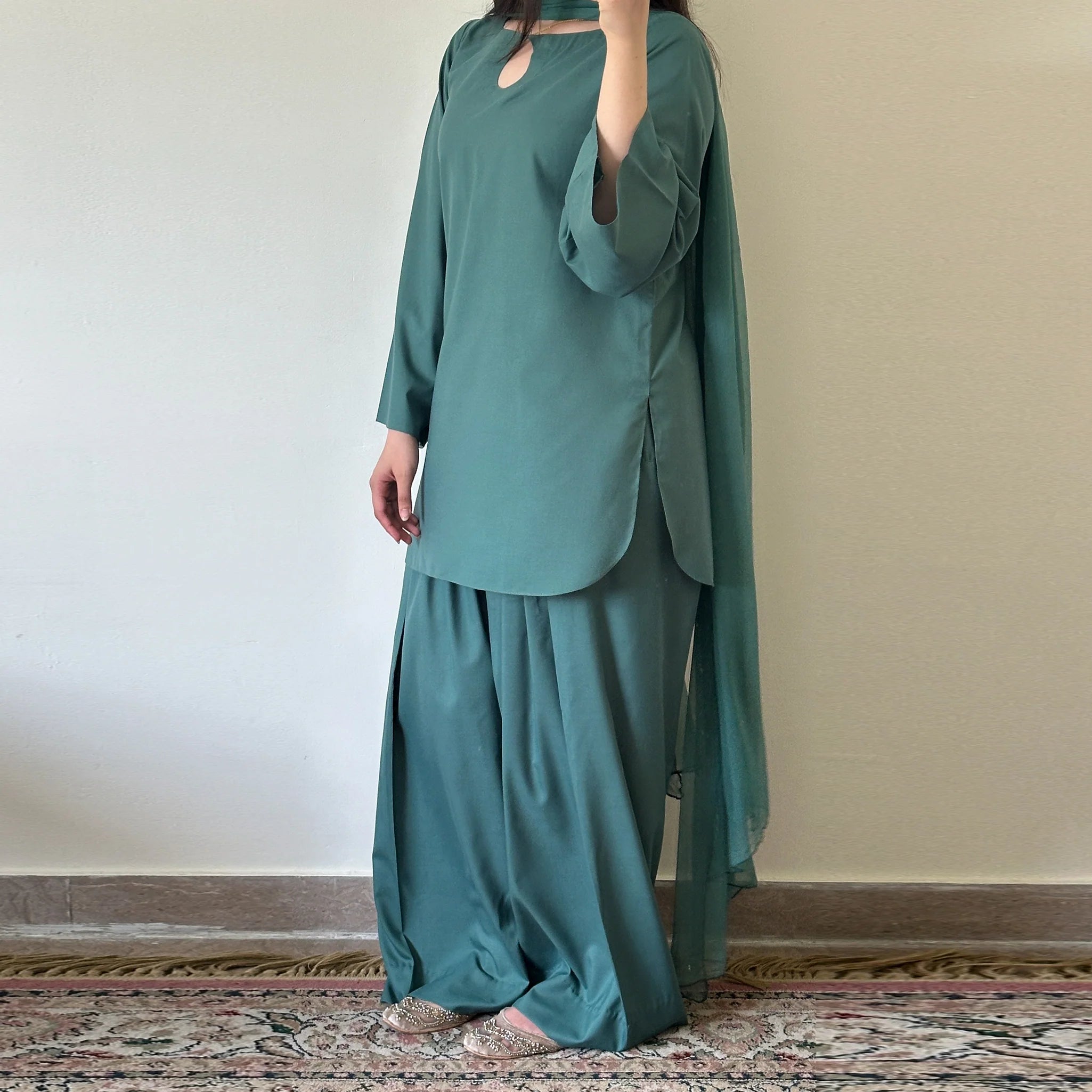 Aqua Teal Wash & Wear Readymade Suit with Bell Sleeves & Loose Paancha Shalwar — 2PC or 3PC