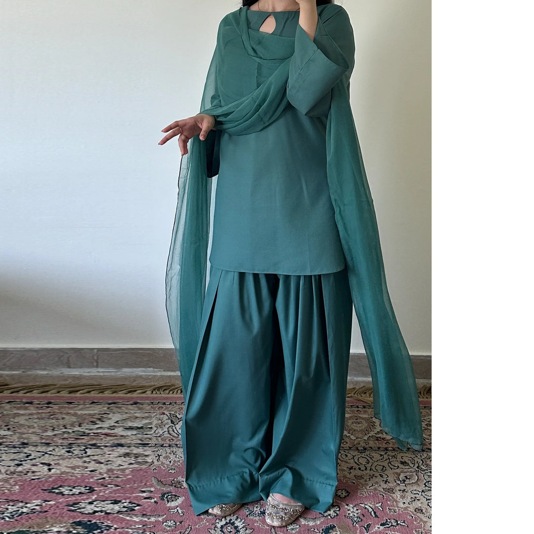 Aqua Teal Wash & Wear Readymade Suit with Bell Sleeves & Loose Paancha Shalwar — 2PC or 3PC