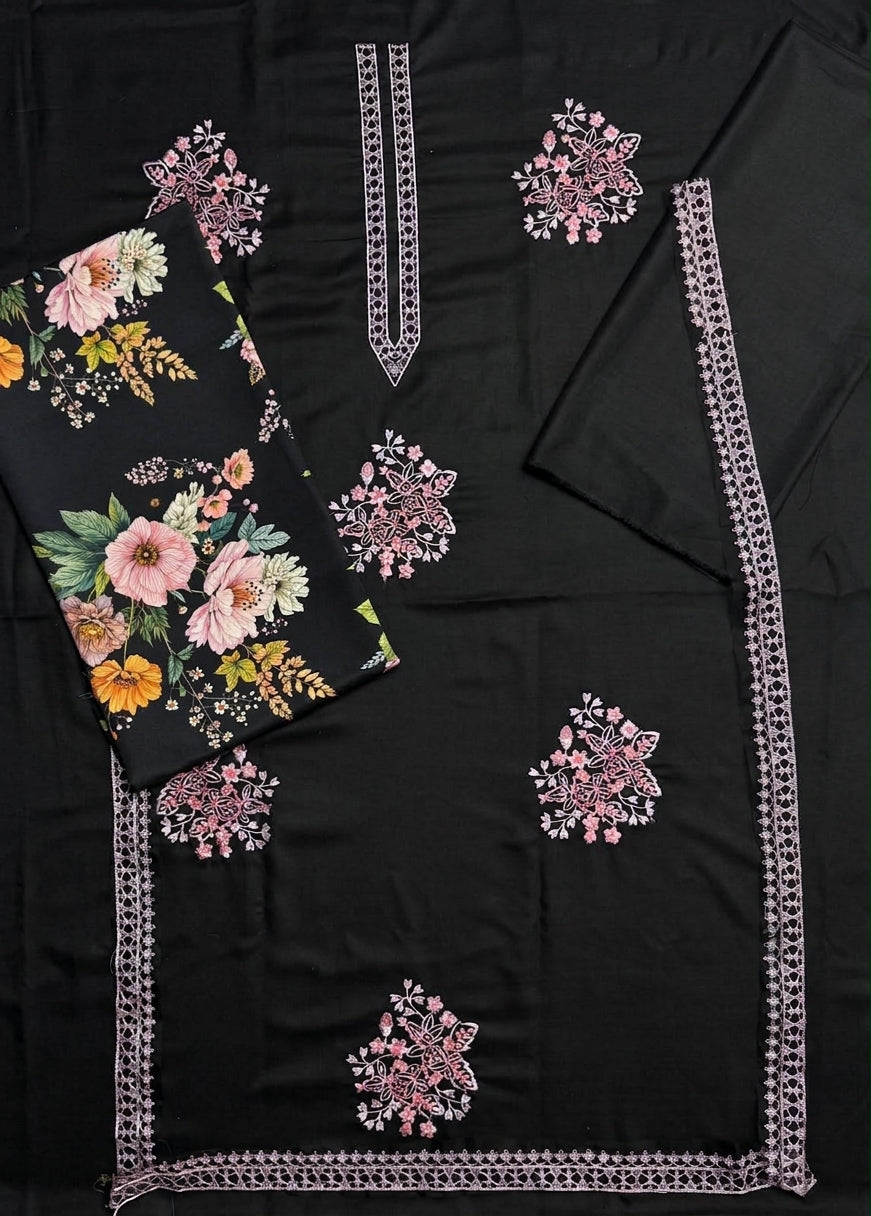 Black Dhanak 2-Piece Heavy Embroidered Suit with Digital Print Karandi Trouser – Winter 2026