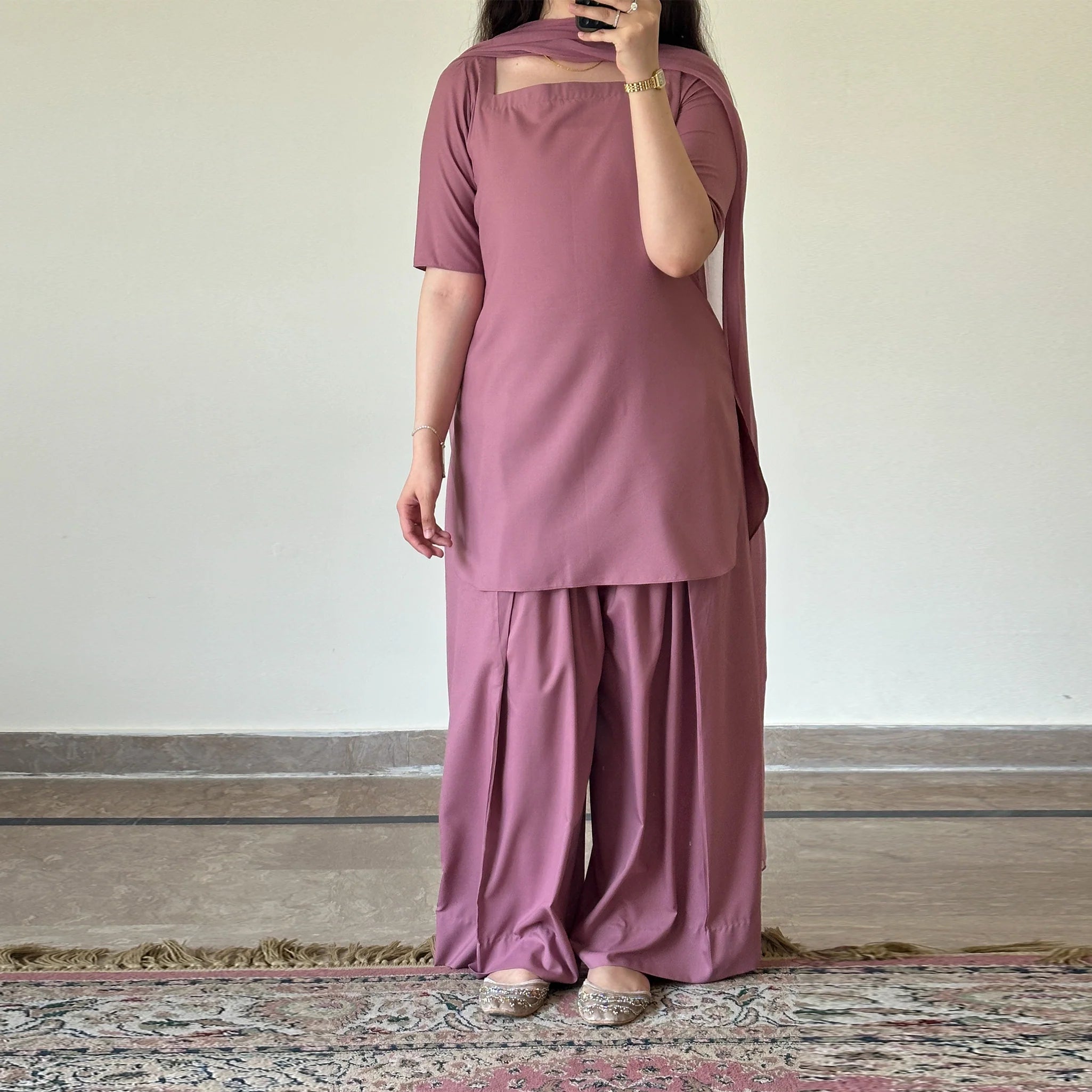 Dusty Rose Wash & Wear 3 Piece Readymade Suit with Farshi Shalwar