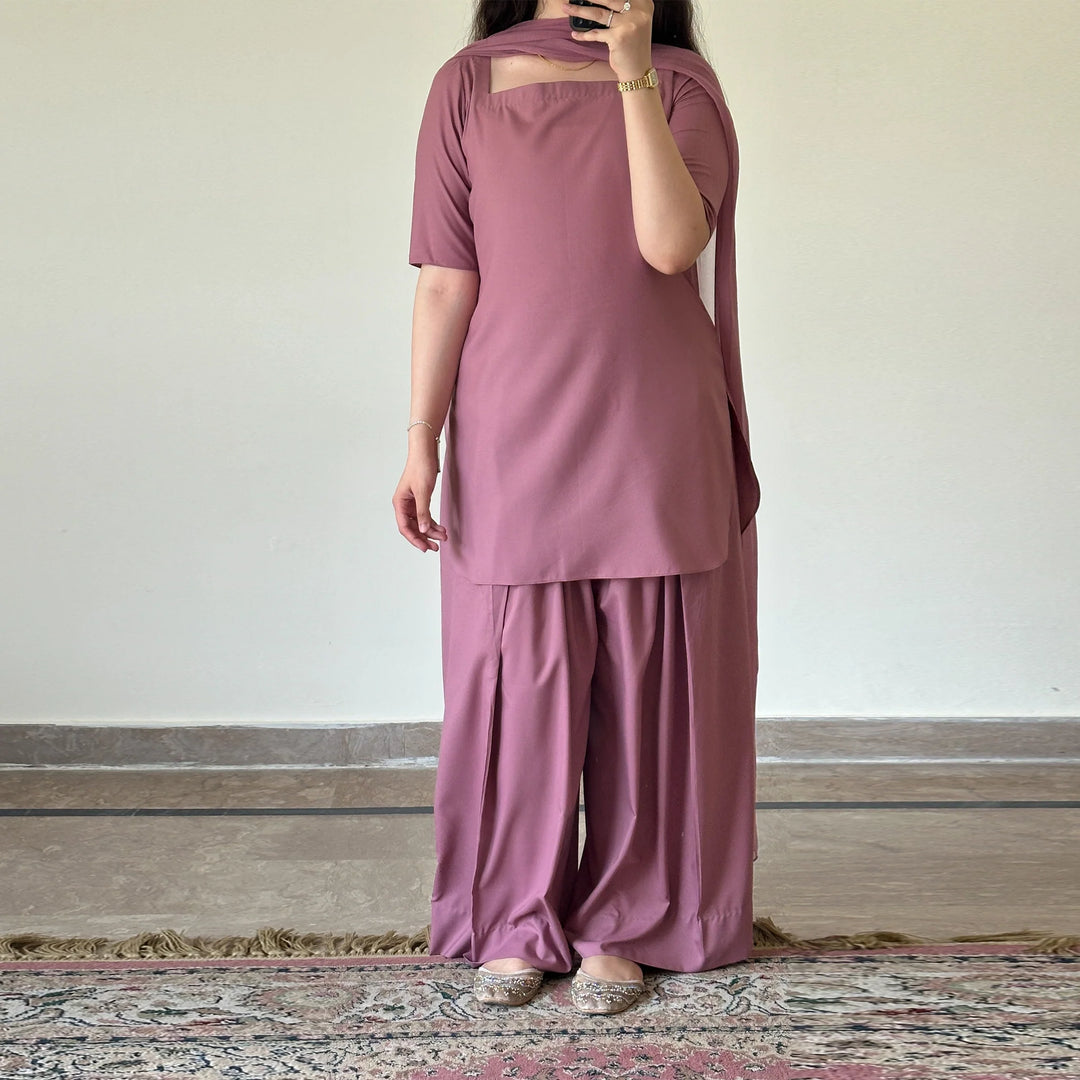 Dusty Rose Wash & Wear 3 Piece Readymade Suit with Farshi Shalwar