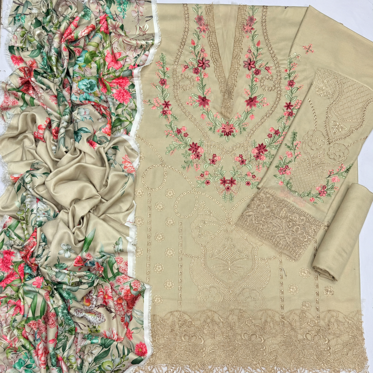 Beige Dhanak 3 Piece Chikankari Embroidered Suit with Printed Floral Woollen Shawl - view 6
