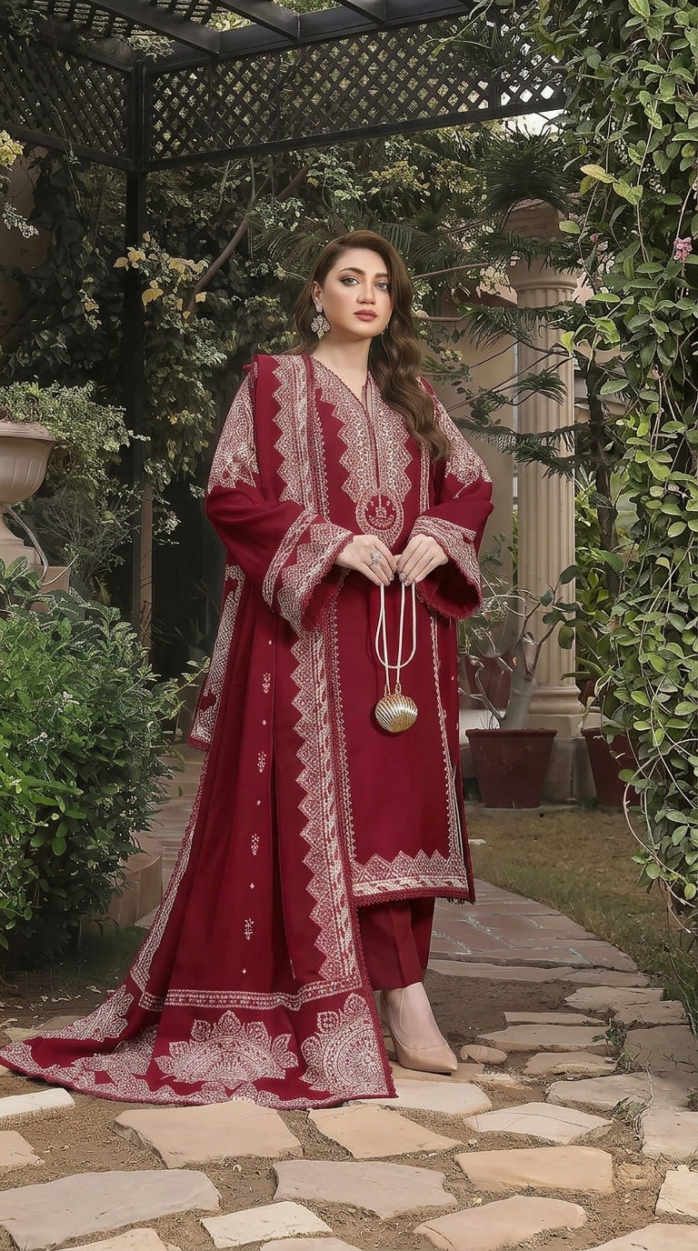 Dhanak 3-Piece Heavy Embroidered Suit Chalk Patti Twill Wool Shawl Unstitched Navy - view 2