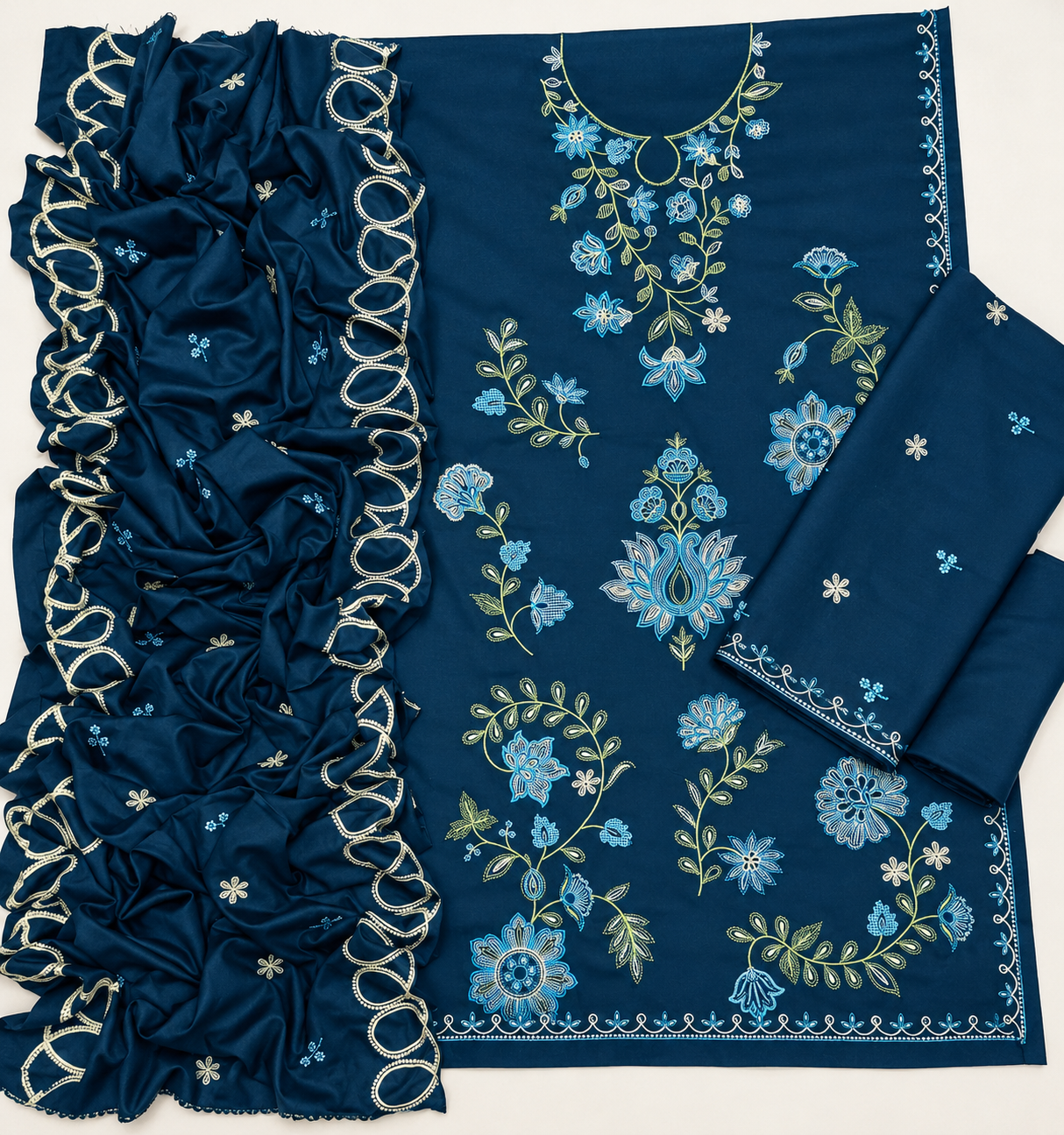 Dhanak 3-Piece Heavy Embroidered Suit Chalk Patti Luxury Shawl Unstitched Teal - view 4