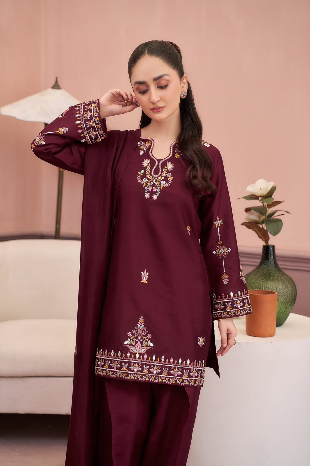 Maroon Dhanak 2-Piece Heavy Embroidered Suit – Winter Collection 2026