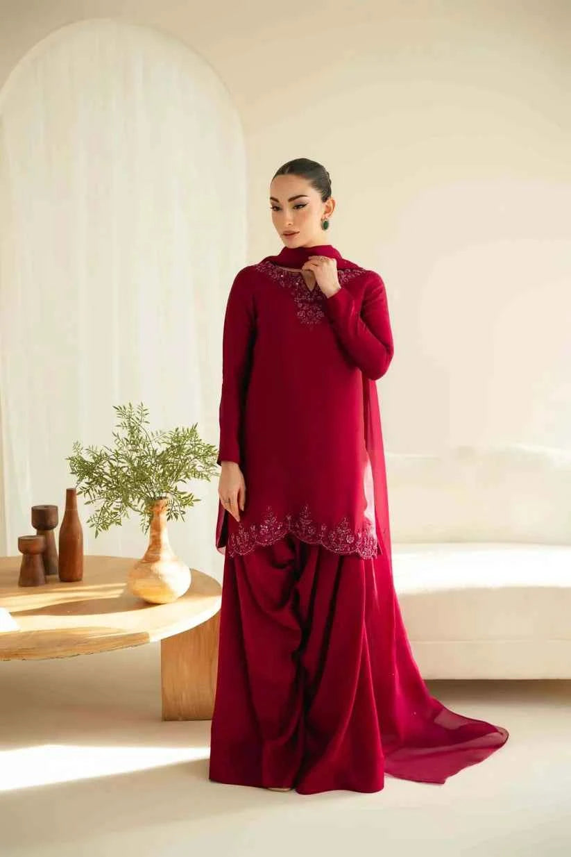 ATM25031 | The Ruby Tulip Ensemble | Tone-on-Tone Embroidered Silk Dhoti Set