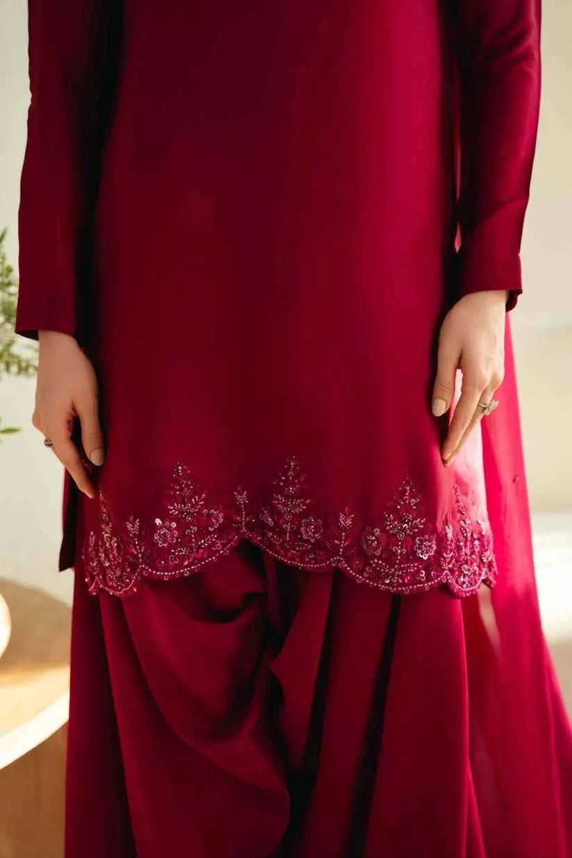 ATM25031 | The Ruby Tulip Ensemble | Tone-on-Tone Embroidered Silk Dhoti Set