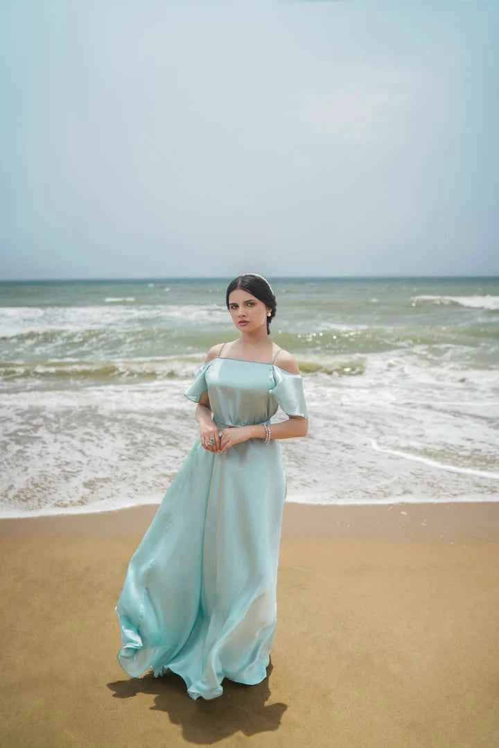 ATM25034 | The Aquamarine Serene | Cold-Shoulder Satin Flowy Gown