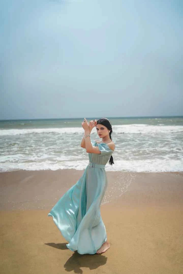 ATM25034 | The Aquamarine Serene | Cold-Shoulder Satin Flowy Gown