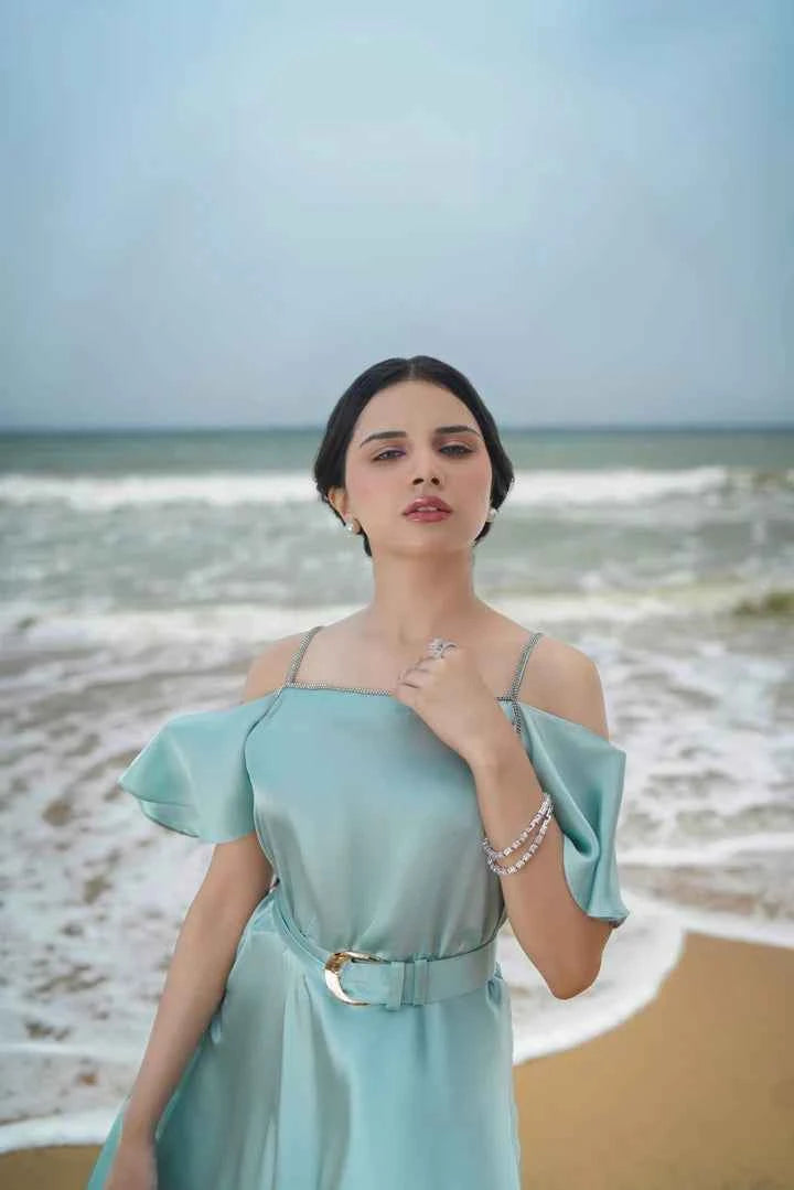 ATM25034 | The Aquamarine Serene | Cold-Shoulder Satin Flowy Gown