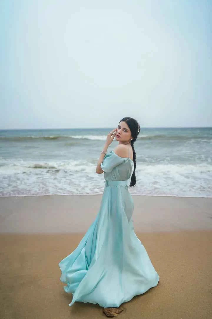 ATM25034 | The Aquamarine Serene | Cold-Shoulder Satin Flowy Gown