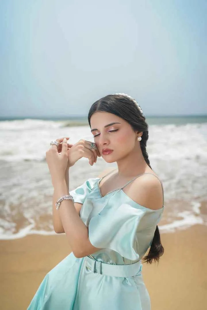 ATM25034 | The Aquamarine Serene | Cold-Shoulder Satin Flowy Gown