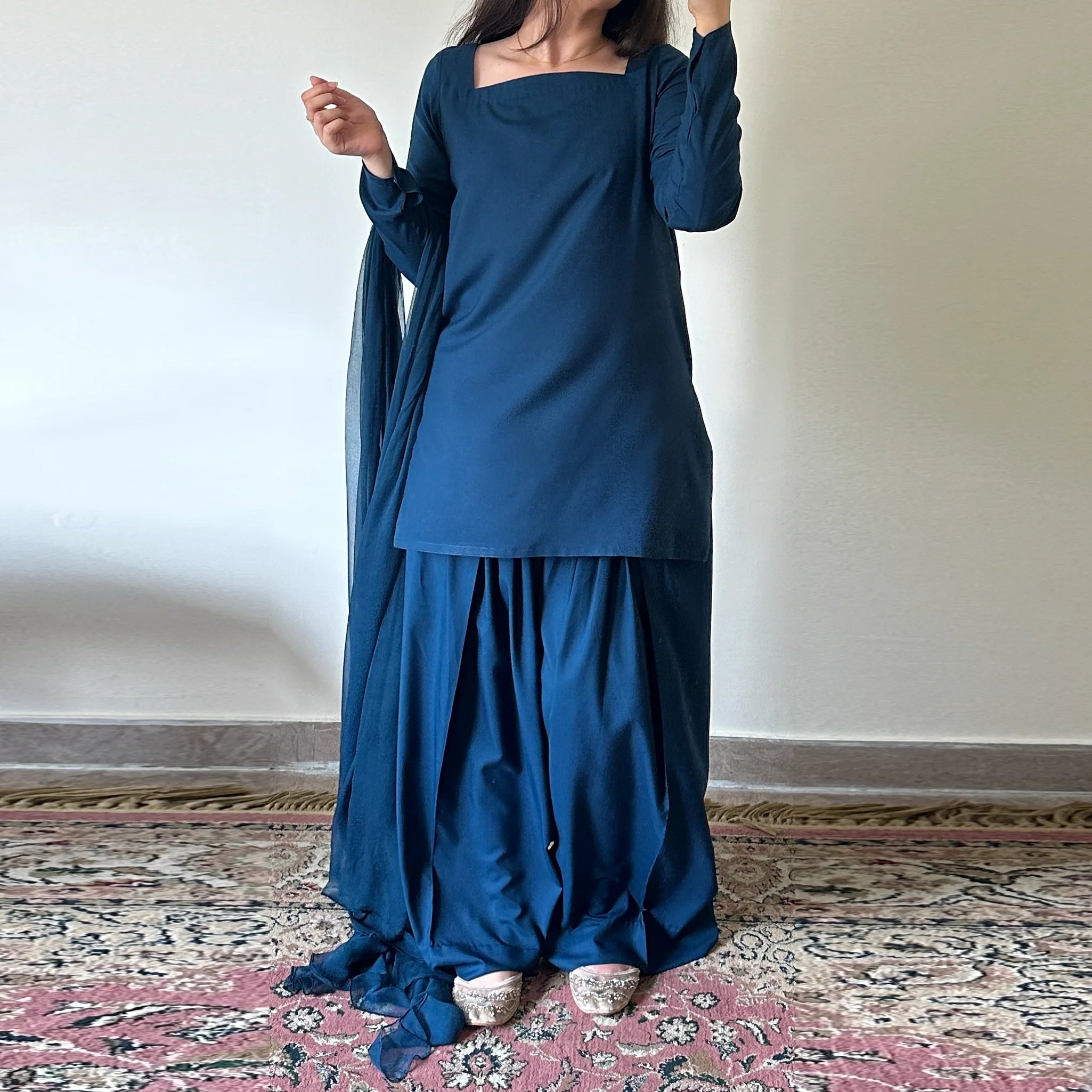 Teal Blue Wash & Wear Readymade Suit with Fitted Sleeves & Loose Paancha Shalwar — 2PC or 3PC