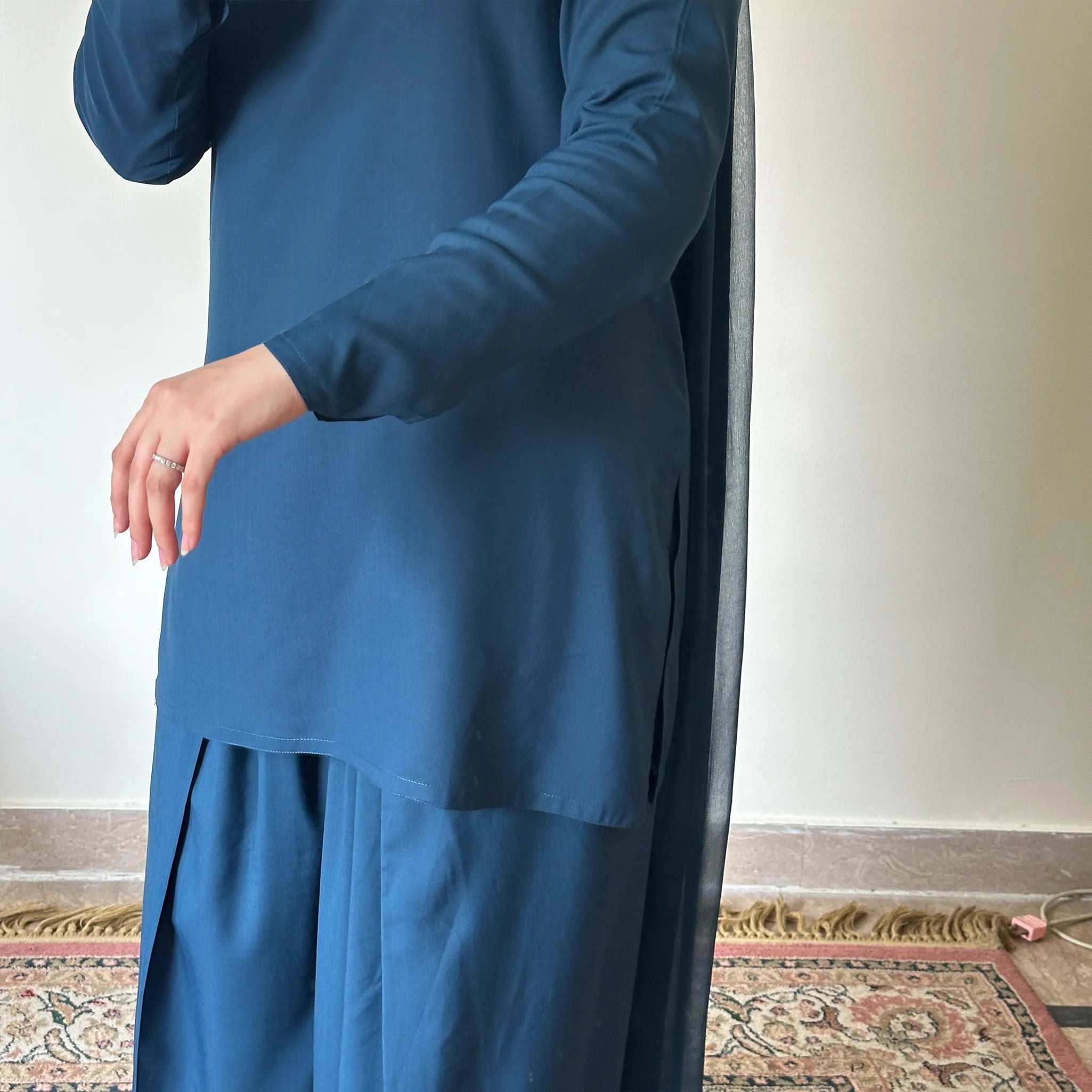 Teal Blue Wash & Wear Readymade Suit with Fitted Sleeves & Loose Paancha Shalwar — 2PC or 3PC