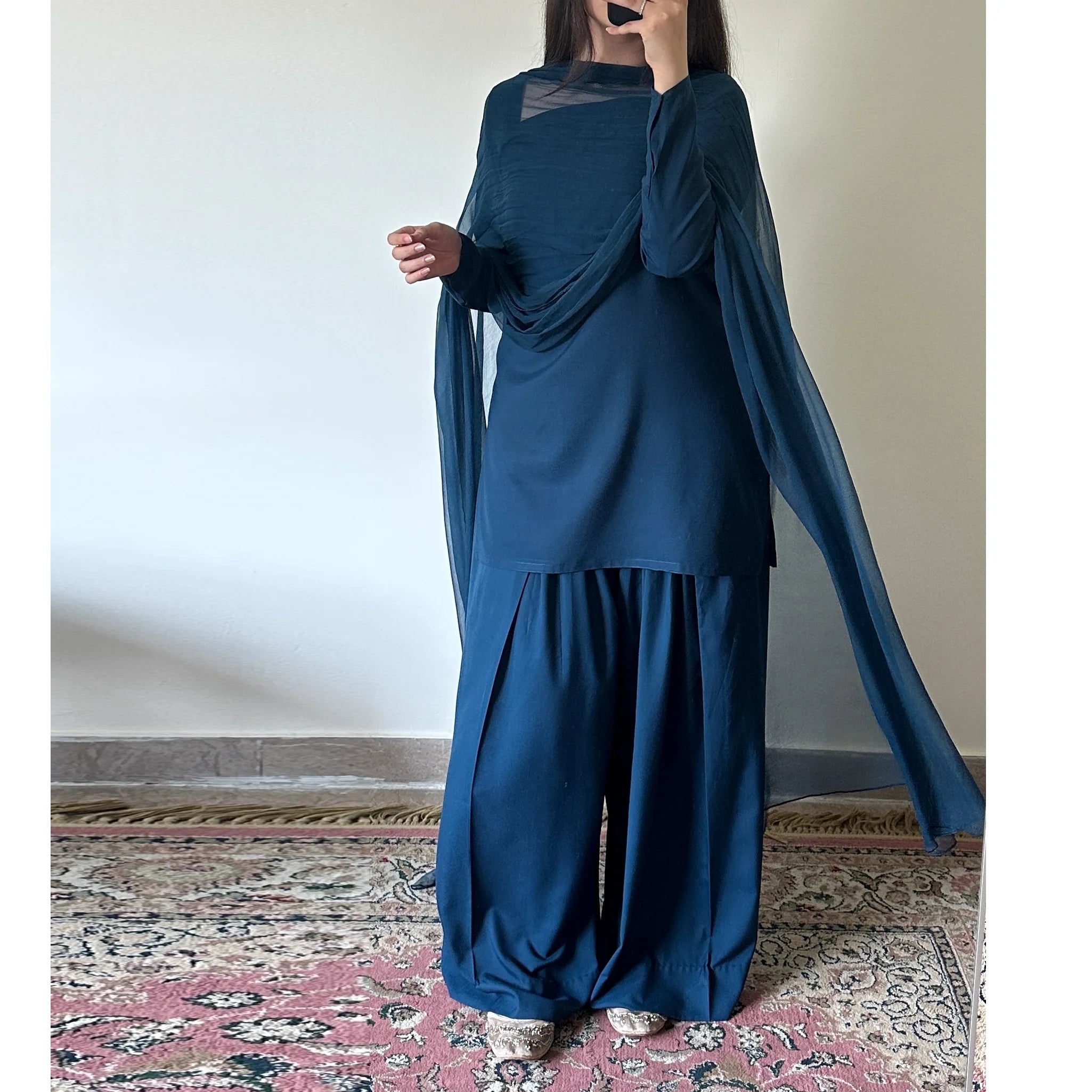 Teal Blue Wash & Wear Readymade Suit with Fitted Sleeves & Loose Paancha Shalwar — 2PC or 3PC