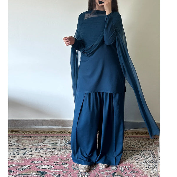 Teal Blue Wash & Wear Readymade Suit with Fitted Sleeves & Loose Paancha Shalwar — 2PC or 3PC