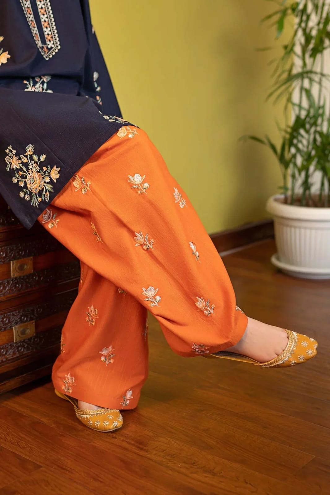 Dhanak 2 Piece Embroidered Suit Navy Orange - view 2