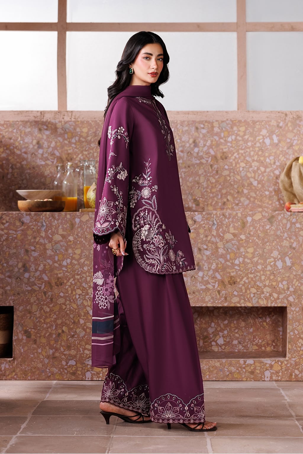 Dhanak 3-Piece Heavy Embroidered Suit Woollen Shawl Embroidered Trouser Unstitched Plum - view 7