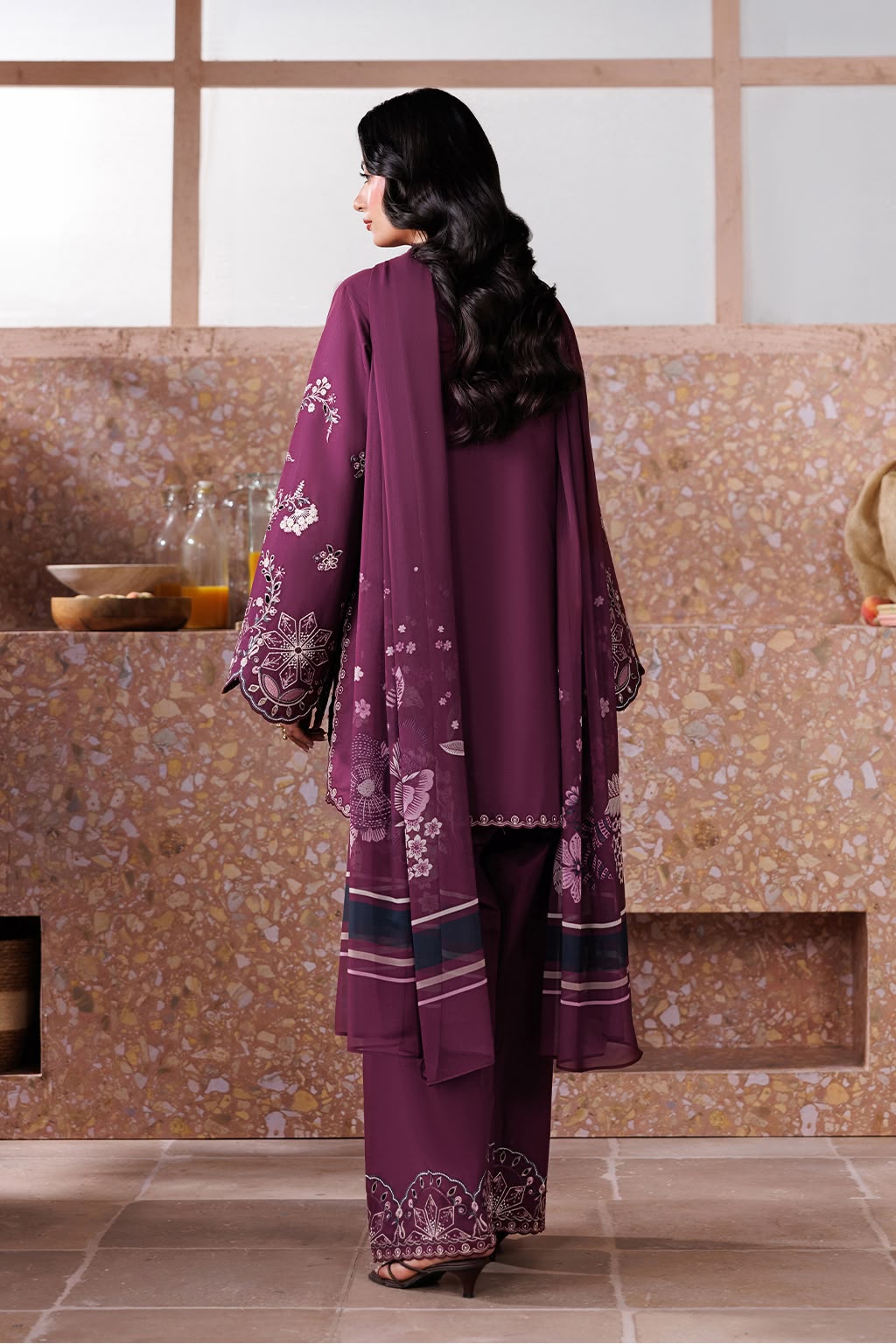 Dhanak 3-Piece Heavy Embroidered Suit Woollen Shawl Embroidered Trouser Unstitched Plum - view 6