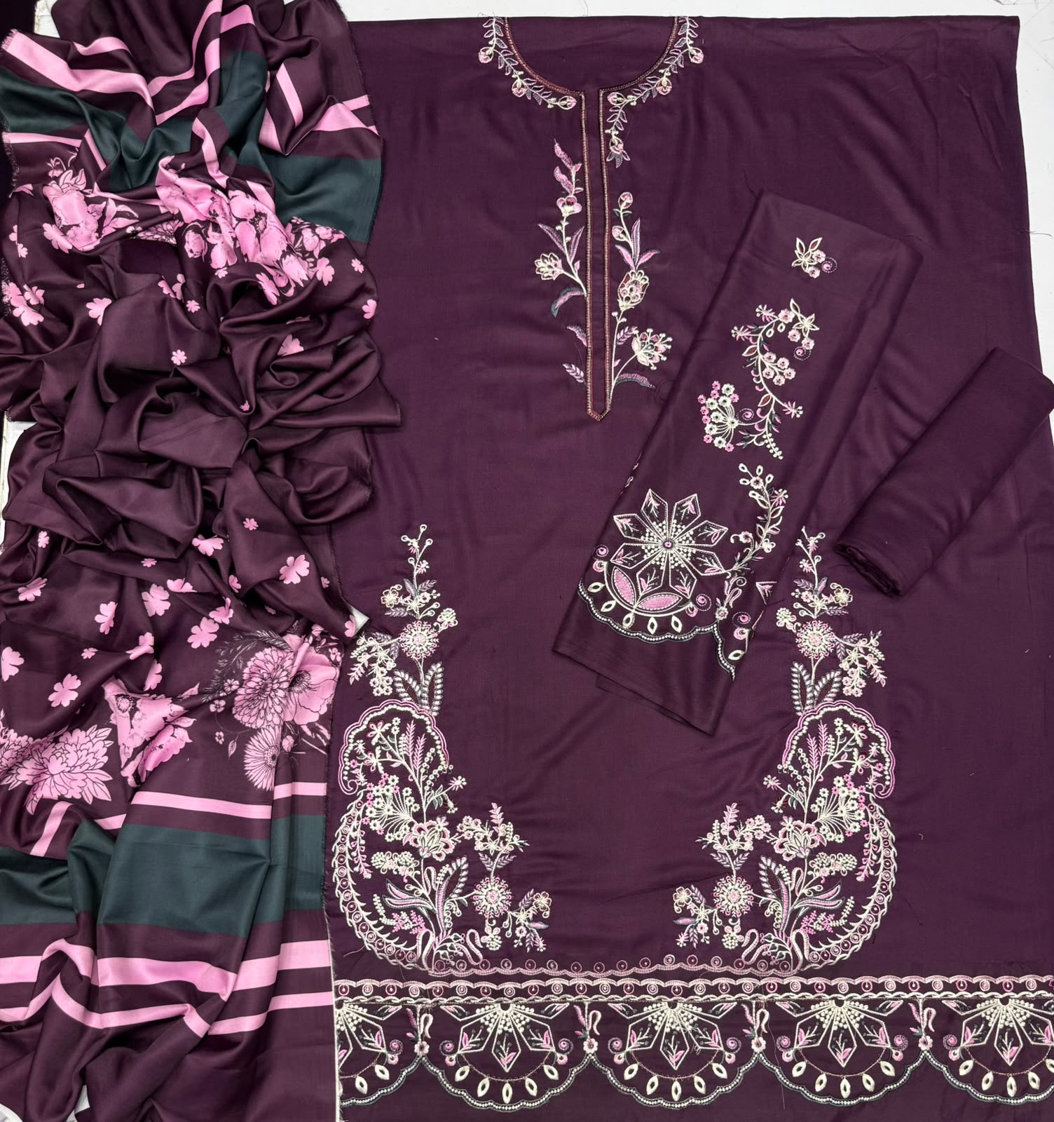 Dhanak 3-Piece Heavy Embroidered Suit Woollen Shawl Embroidered Trouser Unstitched Plum - view 5
