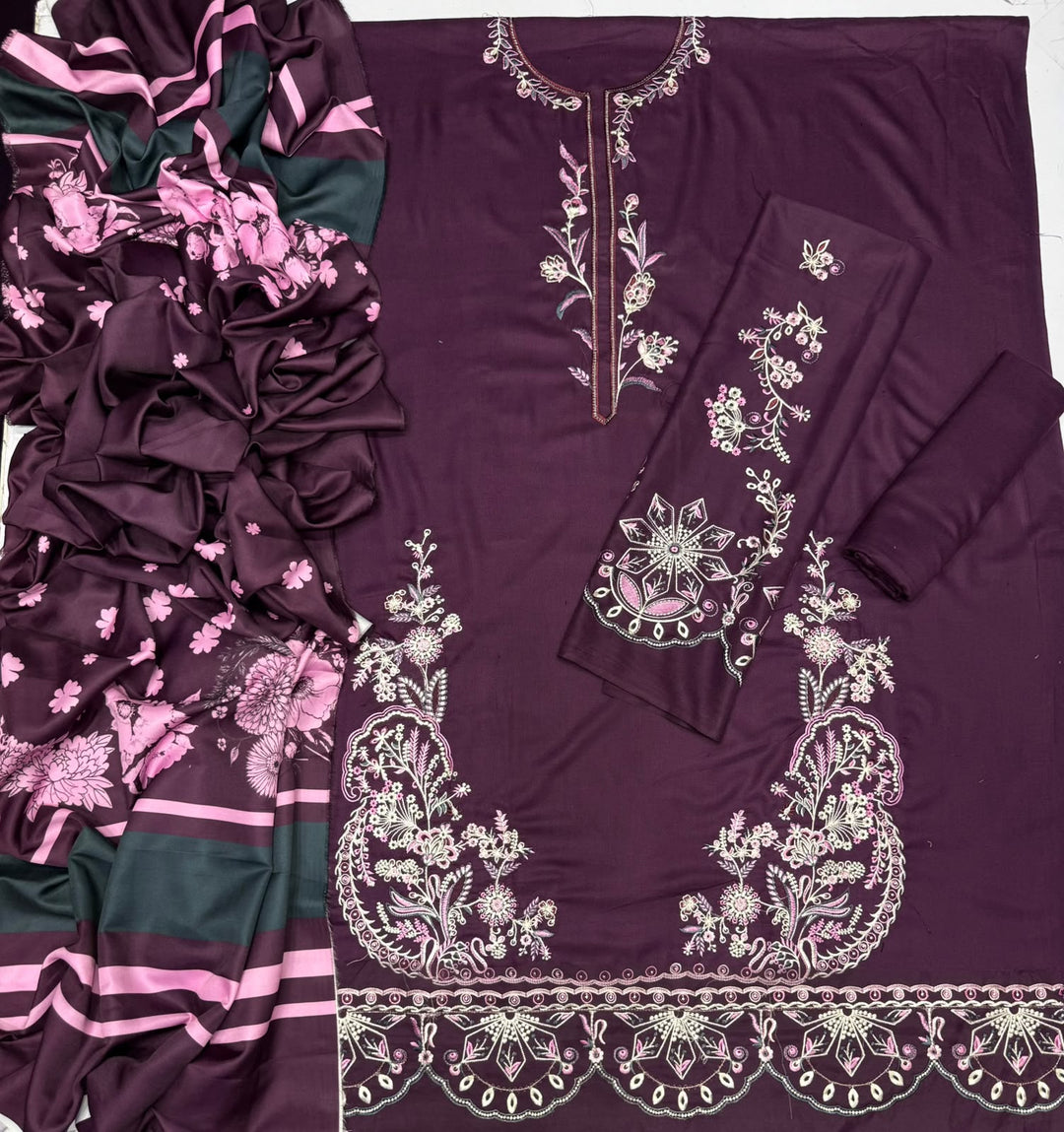 Dhanak 3-Piece Heavy Embroidered Suit Woollen Shawl Embroidered Trouser Unstitched Plum - view 5