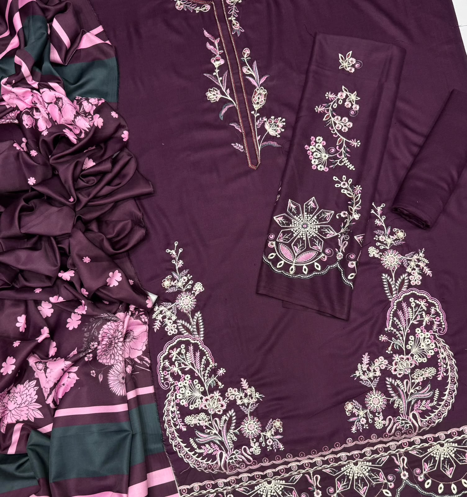 Dhanak 3-Piece Heavy Embroidered Suit Woollen Shawl Embroidered Trouser Unstitched Plum - view 4