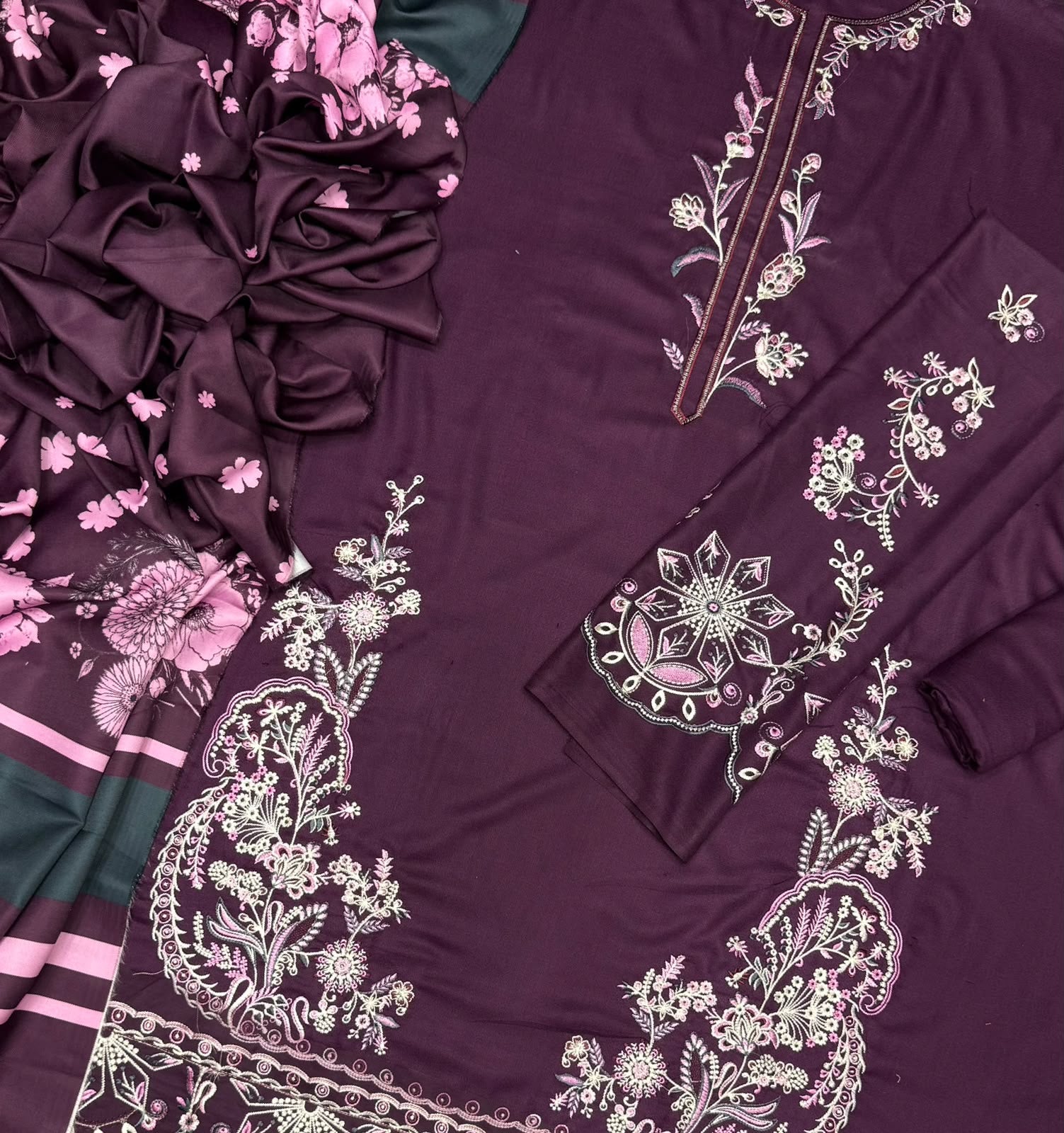 Dhanak 3-Piece Heavy Embroidered Suit Woollen Shawl Embroidered Trouser Unstitched Plum - view 3