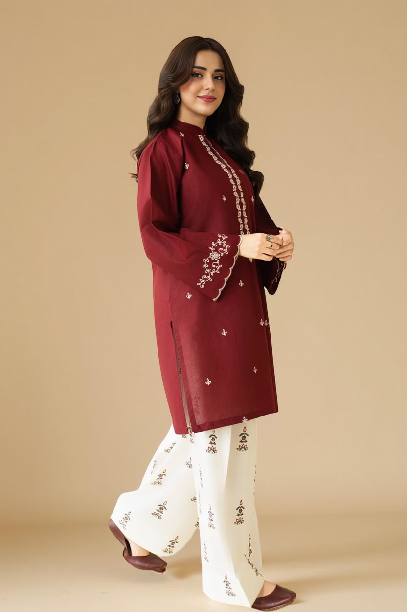 Dhanak 2 Piece Booti Embroidered Suit Maroon Cream - view 3