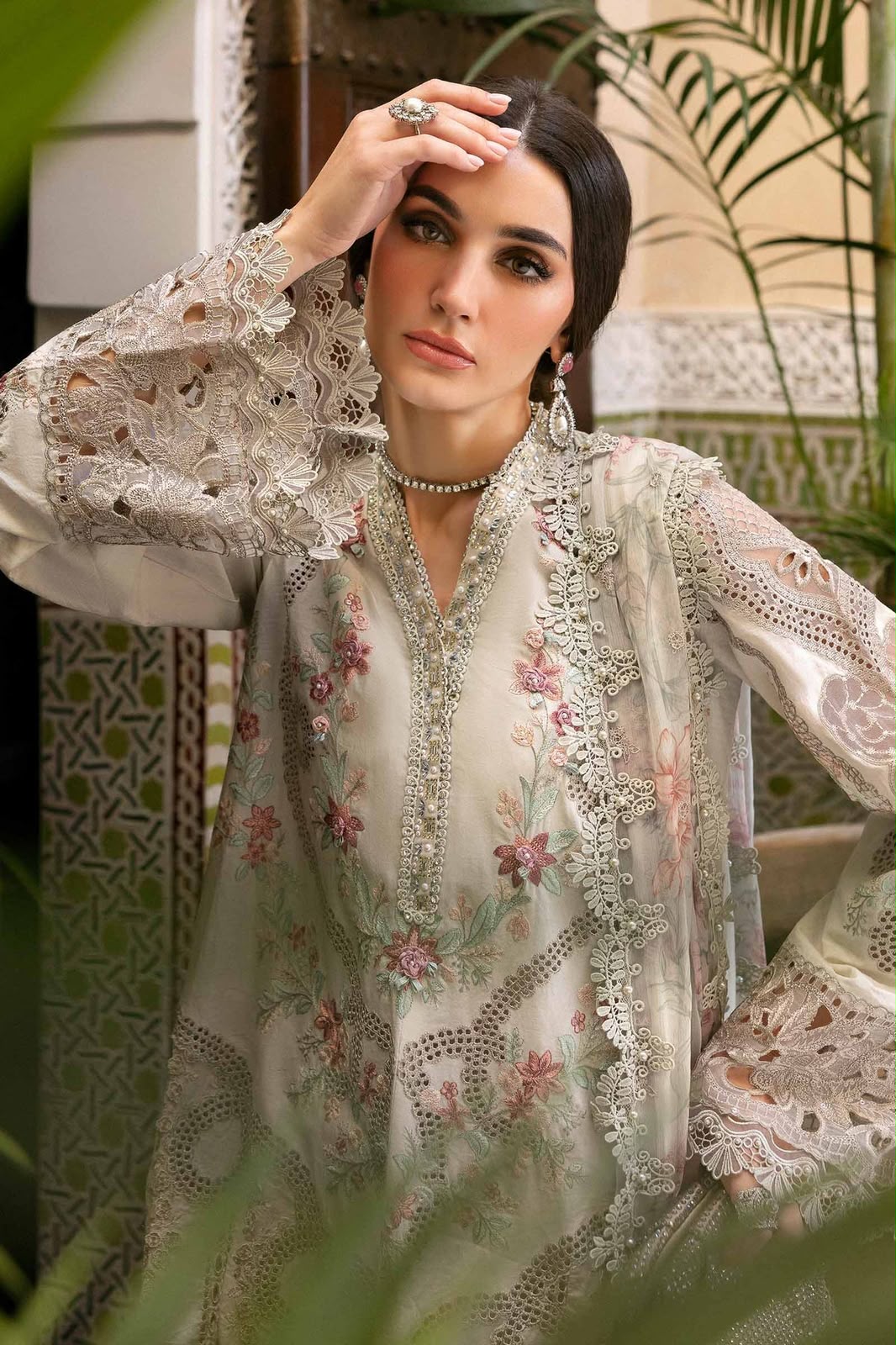 Beige Dhanak 3 Piece Chikankari Embroidered Suit with Printed Floral Woollen Shawl - view 2