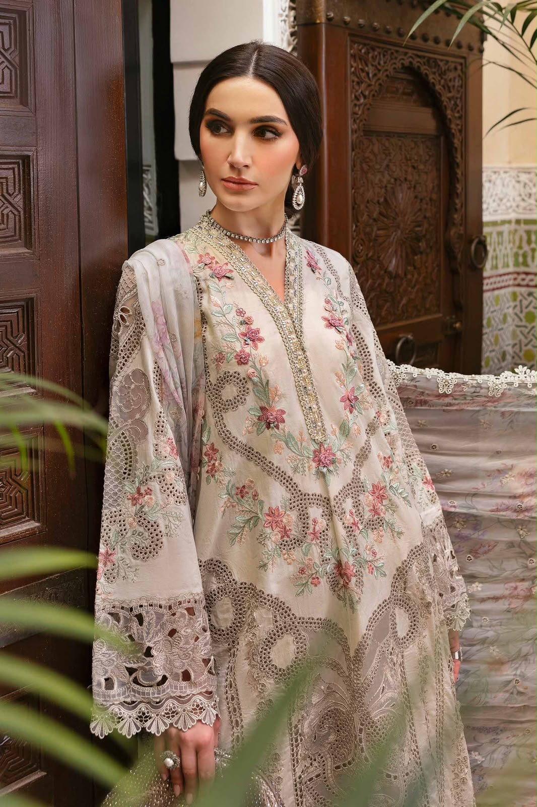 Beige Dhanak 3 Piece Chikankari Embroidered Suit with Printed Floral Woollen Shawl - view 4