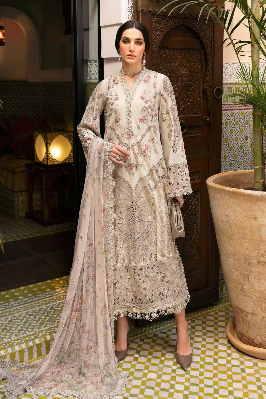 Beige Dhanak 3 Piece Chikankari Embroidered Suit with Printed Floral Woollen Shawl - view 3