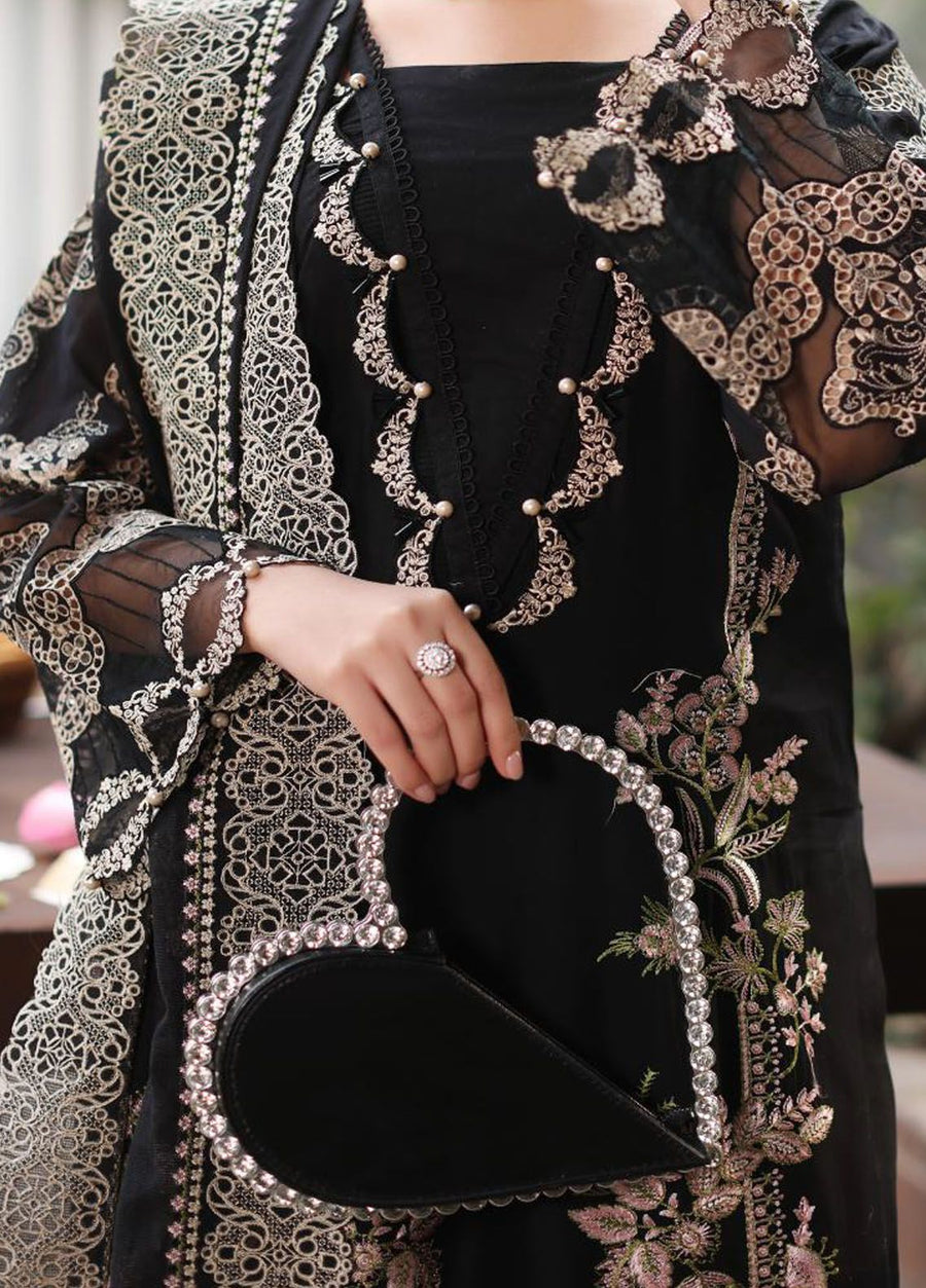 Black Airjet Dhanak 3 Piece Multi-Head Embroidered Suit with Embroidered Dupatta - view 3