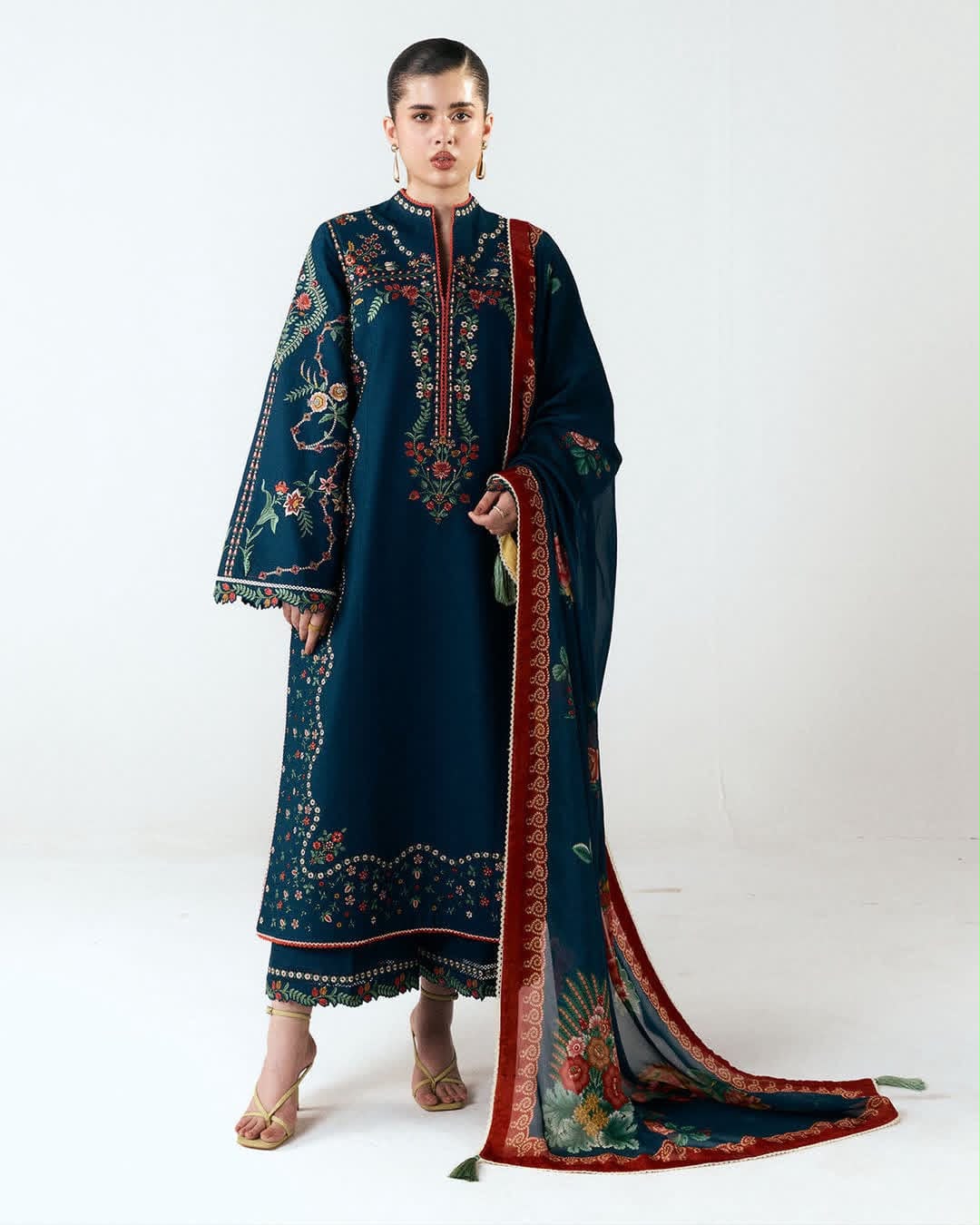 Navy Blue Airjet Dhanak 3 Piece Embroidered Suit with Rust Printed Twill Wool Dupatta - view 2