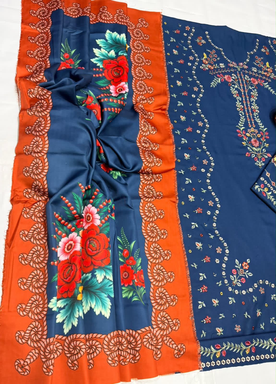 Navy Blue Airjet Dhanak 3 Piece Embroidered Suit with Rust Printed Twill Wool Dupatta - view 4