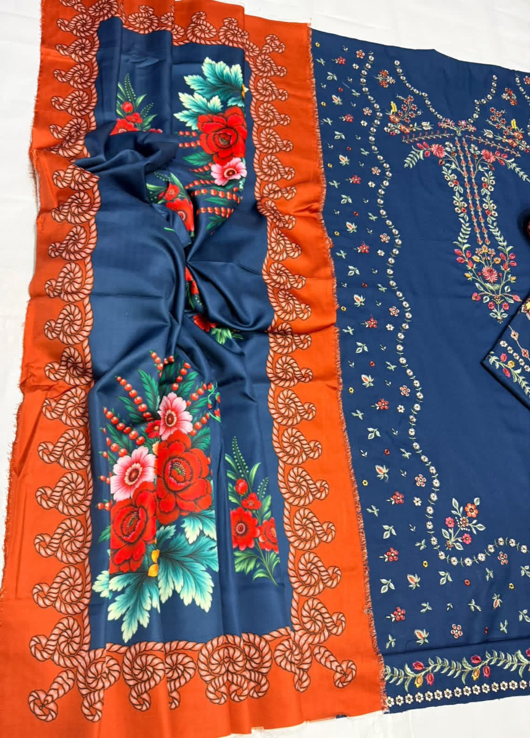 Navy Blue Airjet Dhanak 3 Piece Embroidered Suit with Rust Printed Twill Wool Dupatta - view 4