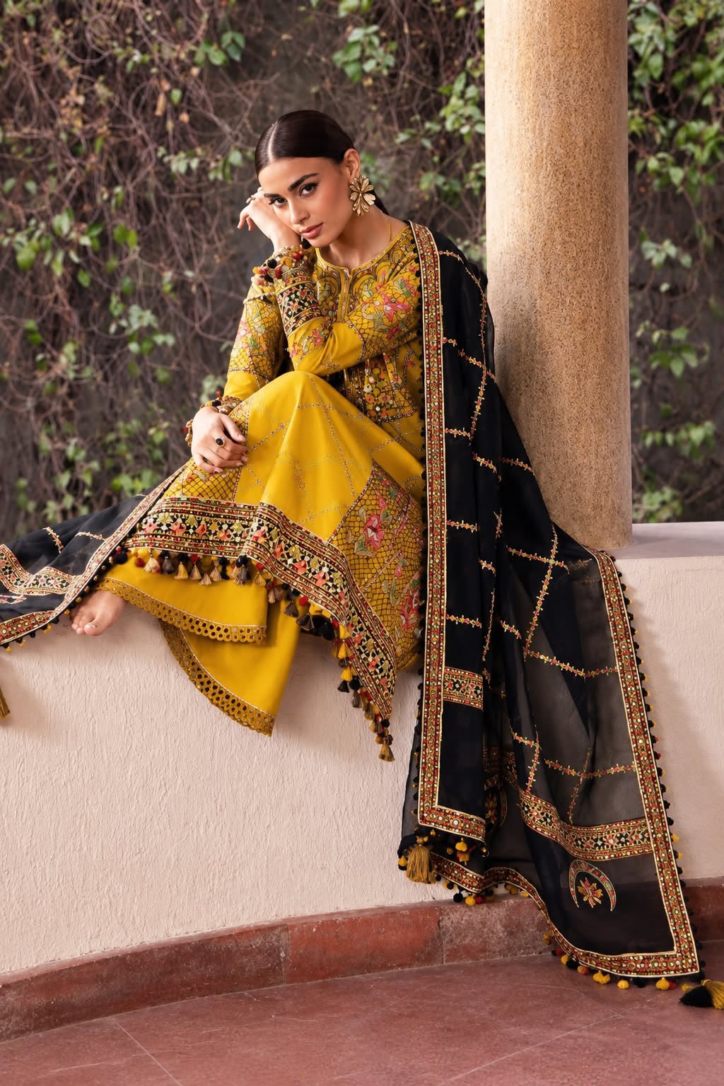 Mustard Airjet Dhanak 3 Piece Multi-Head Embroidered Suit with Black Embroidered Dupatta