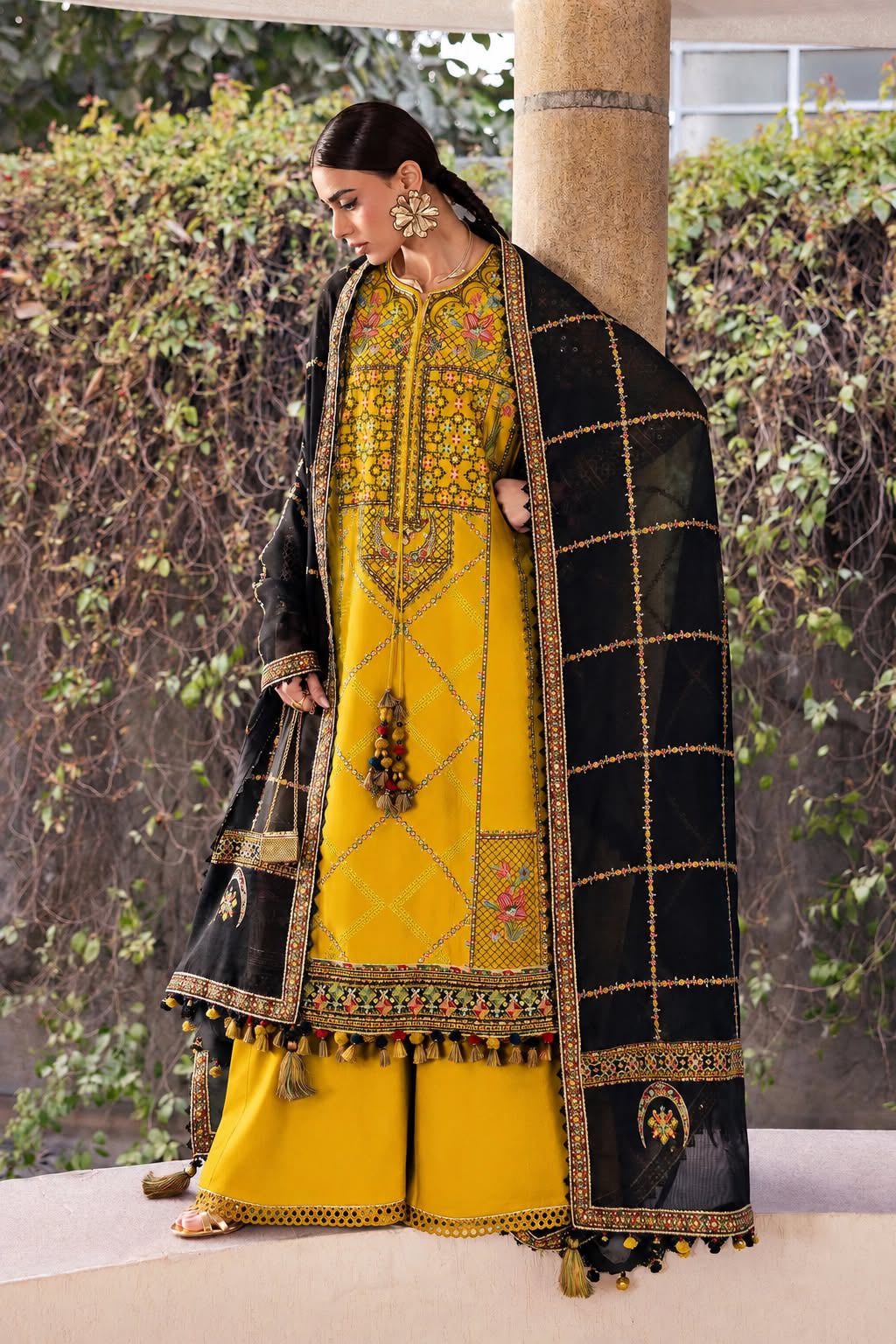 Mustard Airjet Dhanak 3 Piece Multi-Head Embroidered Suit with Black Embroidered Dupatta - view 2