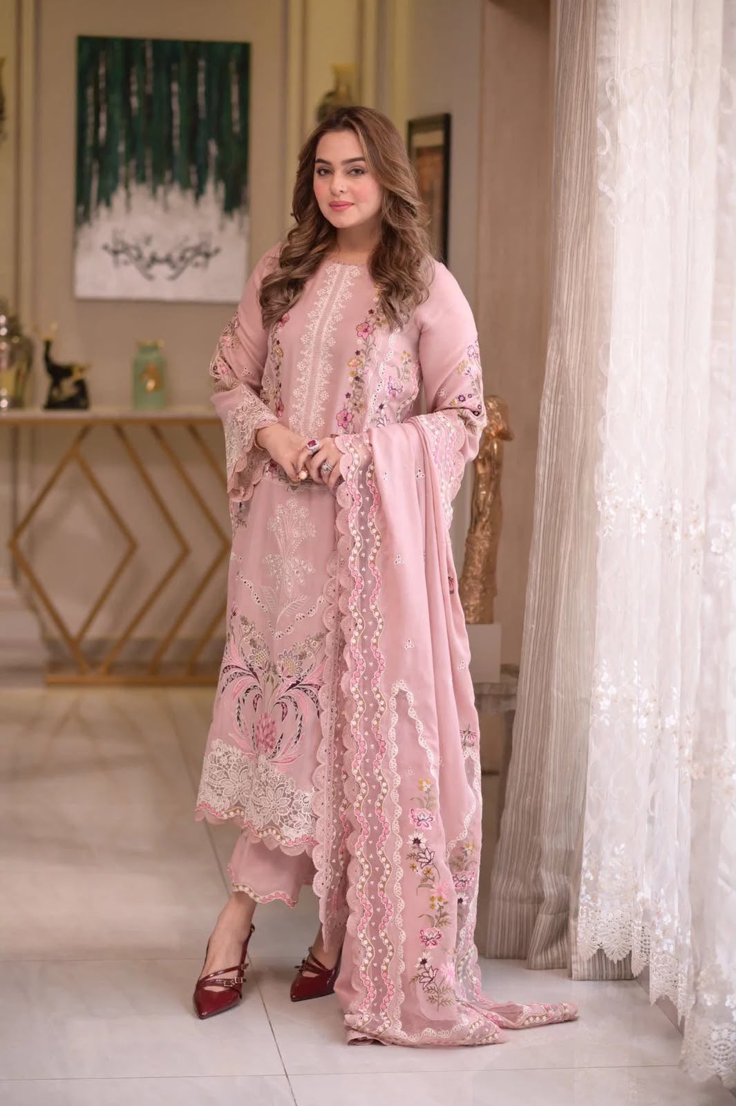 Peach Pink Dhanak 3 Piece Embroidered Suit with Embroidered Shawl and Trouser - view 3