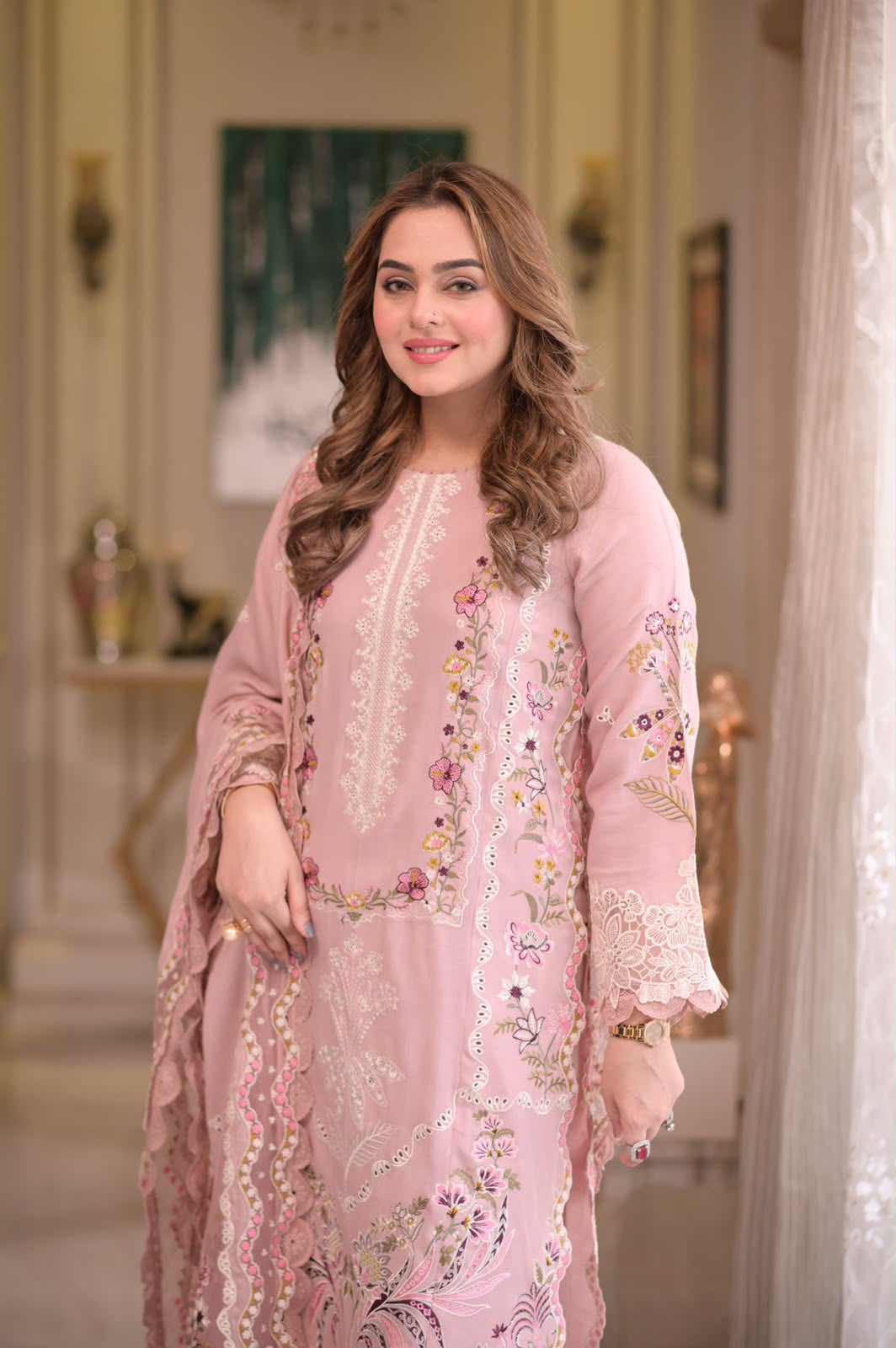 Peach Pink Dhanak 3 Piece Embroidered Suit with Embroidered Shawl and Trouser