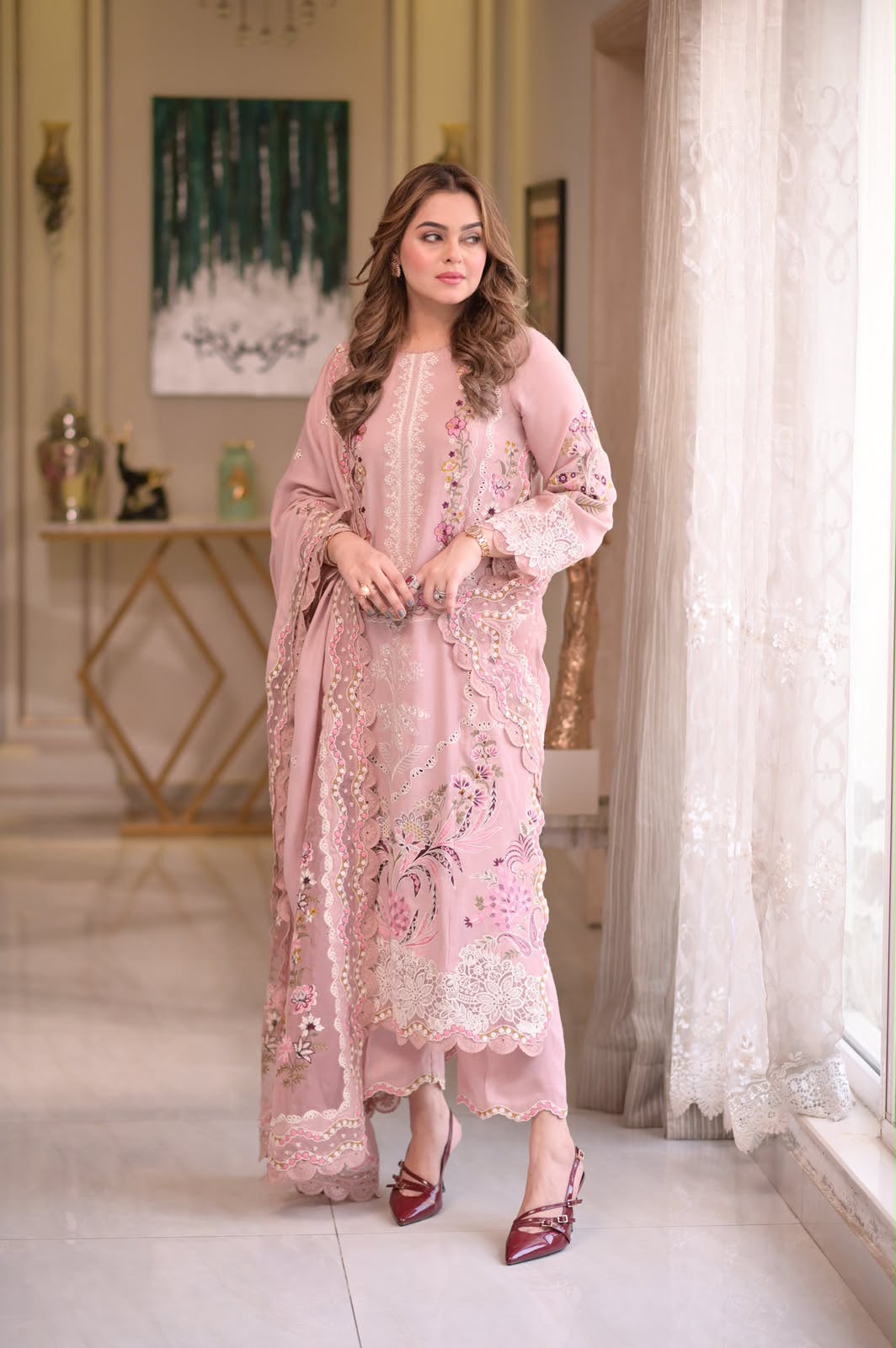 Peach Pink Dhanak 3 Piece Embroidered Suit with Embroidered Shawl and Trouser - view 2